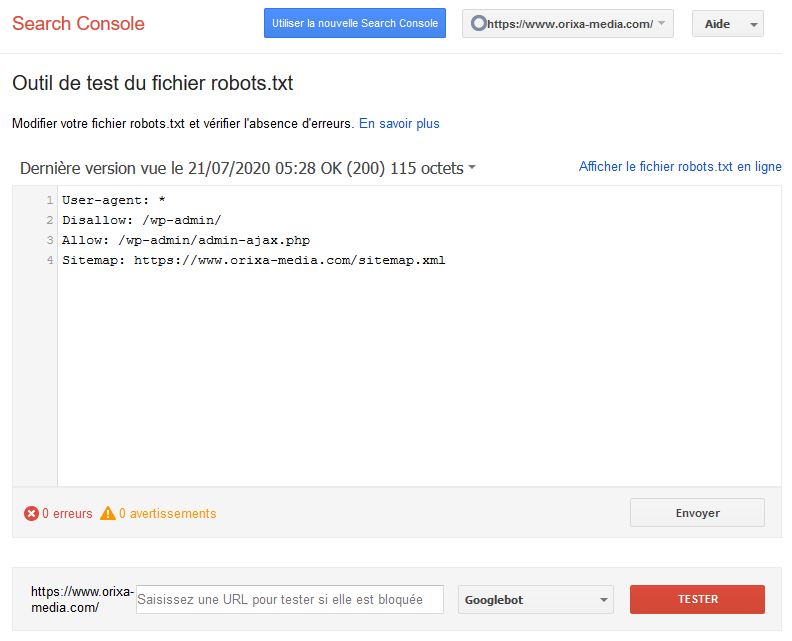 Search console : test du fichier robots.txt