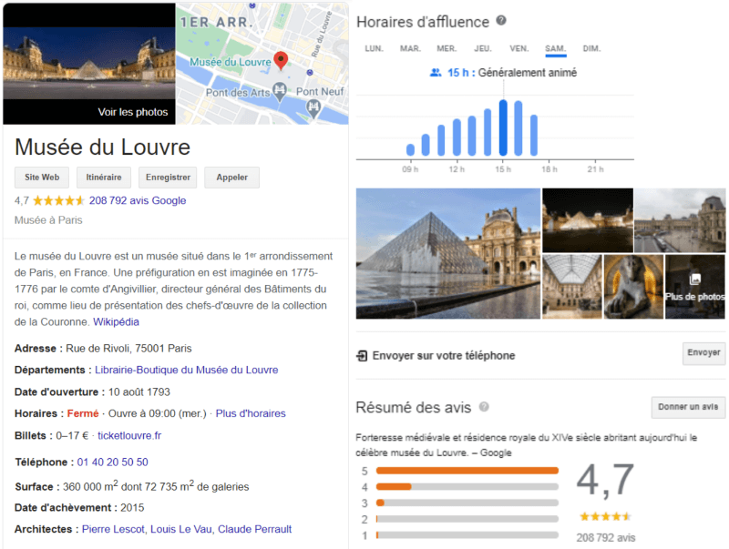 Fiche Google My Business du Musée du Louvre