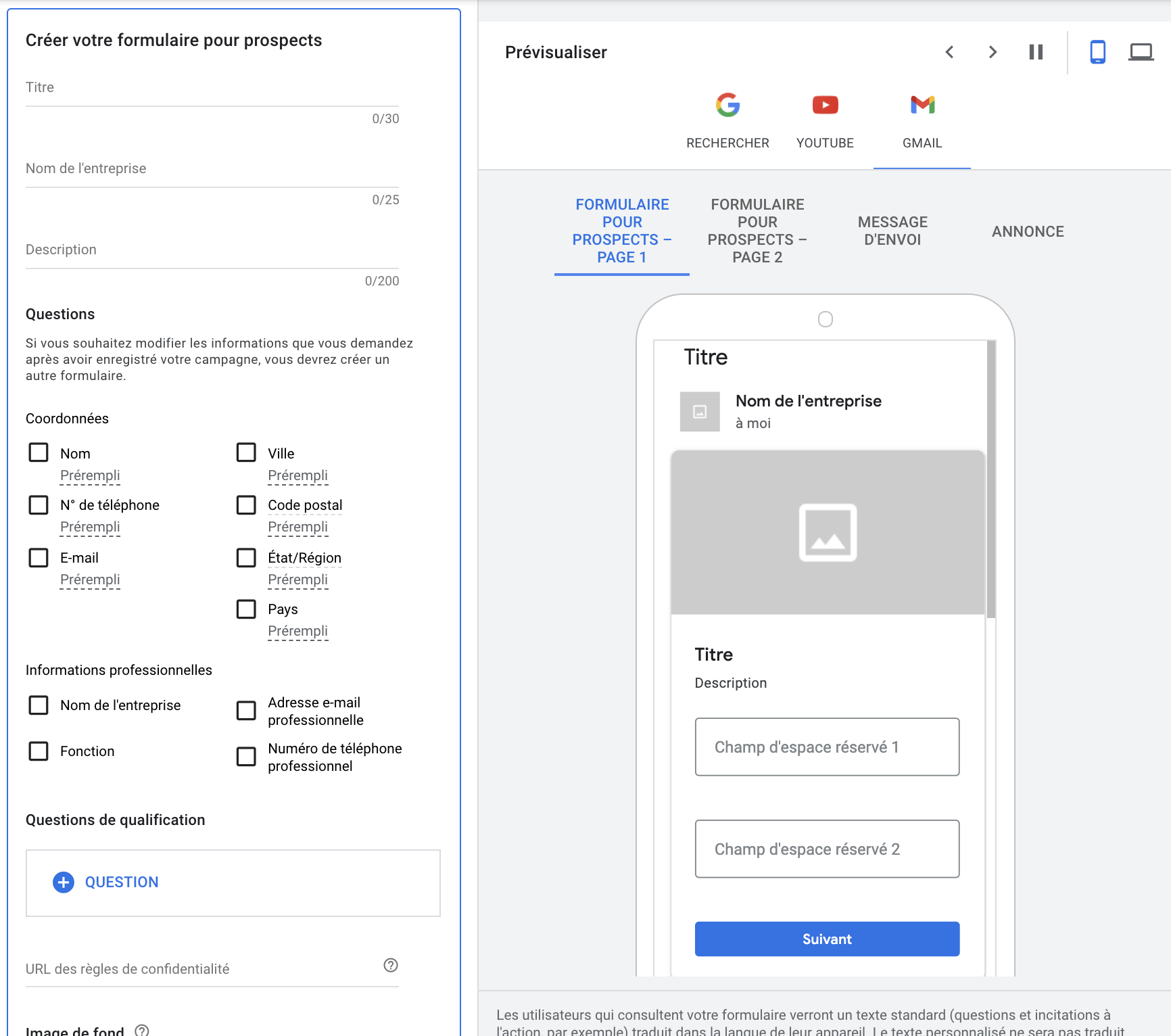 Interface créer votre formulaire pour prospects de Google Ads