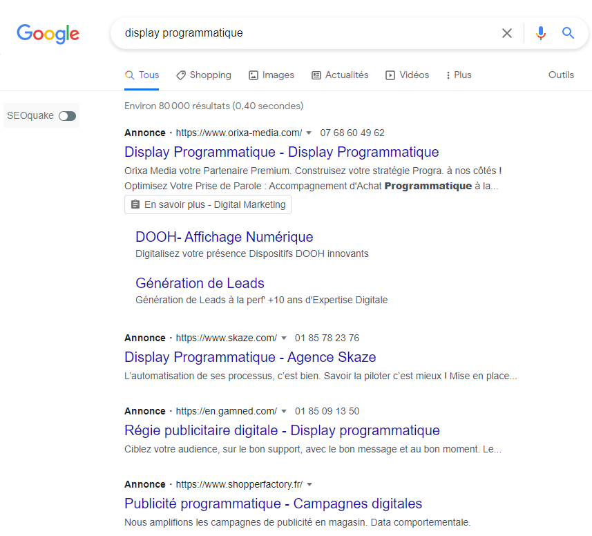 Annonces payantes en haut des pages de résultats Google (SERP)